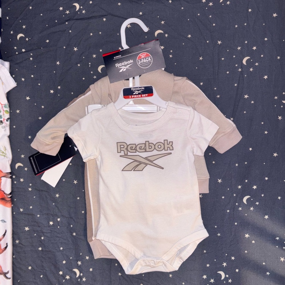 Reebok 3 piece Infant Onesie Set in Cream and Tan